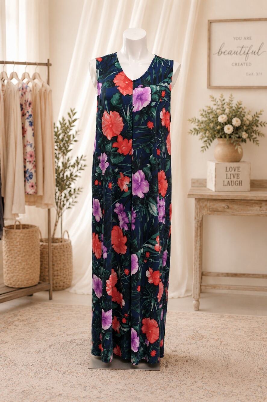 Stan Herman Maxi Dress Tropical Print Vacation 1X Pockets